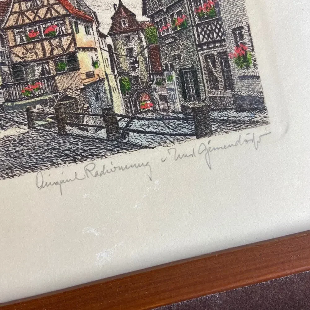 Original Signed GEISSENDORFER Rothenburg Tower Framed Colored Etching